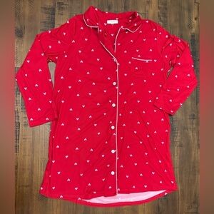 Laura Ashley Red With Pink Hearts Button Down Pajama Nightgown MEDIUM